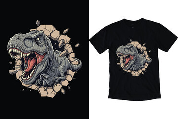 Roaring T-Rex Dinosaur, Crashing Wall Breakthrough Graphic T-shirt design. © SagorKundu
