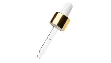 Glass dropper with gold accent on white background