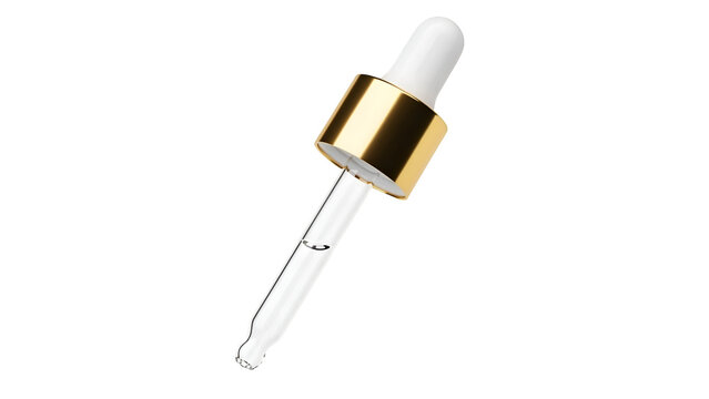 Glass dropper with gold accent on white background