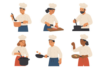 Diverse chefs cooking in kitchen with culinary tools and ingredients
