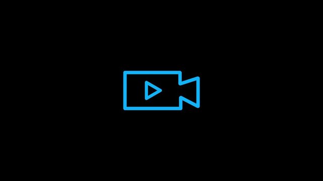 Minimalist blue outline video camera icon with play symbol on a dark background representing multimedia content