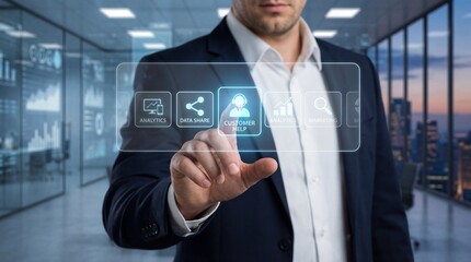 Businessman interacting with futuristic customer help interface in modern office