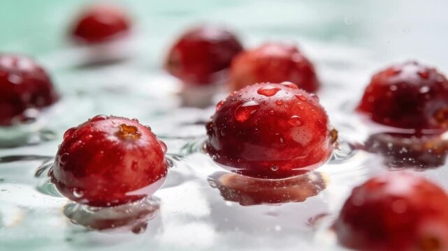Fresh red cranberries with water droplets floating on a clear, rippling liquid surface, creating a beautiful reflection and showcasing the concept of healthy, organic superfoods and freshness