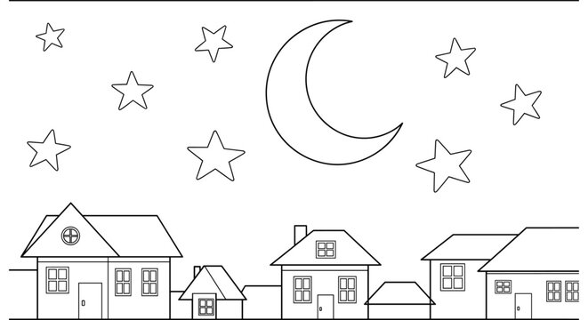 Nighttime village scene with stars and crescent moon in minimalistic outline style
