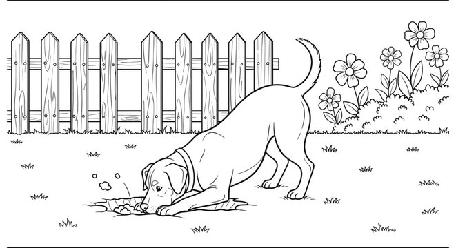 Curious dog sniffing ground in backyard garden with flowers and fence outline art