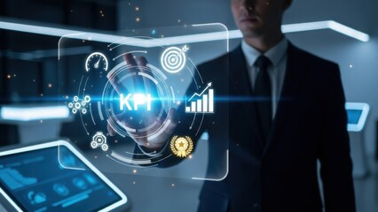 Performance Metrics Analytics: Businessman touching digital KPI interface with growth charts for corporate goal tracking and evaluation
