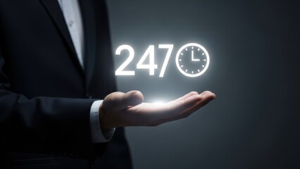 Fototapeta premium Constant Customer Support: Businessman holding glowing 24/7 clock icon for around the clock service and constant business availability