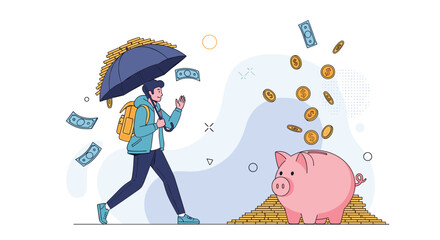 Man walking with an umbrella as money falls from the sky and flows into a large pink piggy bank sitting on a pile of gold coins.