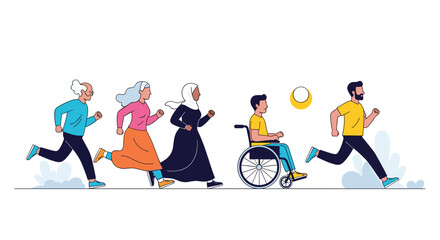 Diverse group of people including a senior woman and a man in a wheelchair participating in a competitive running race outdoors.