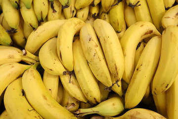 Full Frame Close-up Background of a Large Pile of Ripe Yellow Bananas with Natural Ripening Spots at a Fresh Food Market