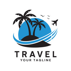 Fototapeta premium Travel Logo with Palm Trees, Airplane and Ocean Waves – Tropical Tourism Vector Design