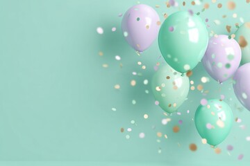 Pastel birthday celebration with colorful balloons floating against a mint green background, surrounded by joyful confetti