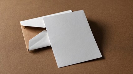 Close-up of a blank white card next to a brown envelope on a textured surface, perfect for personal messages.