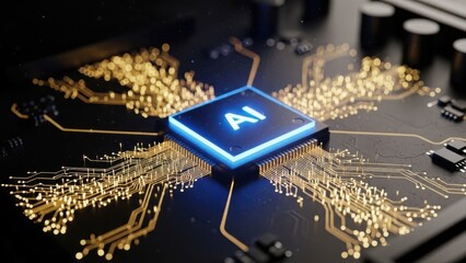 Advanced AI Processor: Close up of a central processing unit chip with glowing AI text and golden circuitry paths for high speed computing