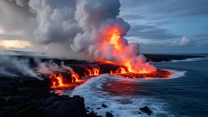 Spectacular scene of an active volcanic eruption where glowing molten lava pours into the ocean, creating intense steam clouds and fiery explosions. The dramatic interaction between lava and seawater 