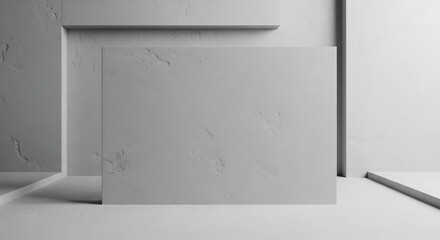 Monochromatic room featuring a central textured gray slab and clean architectural planes