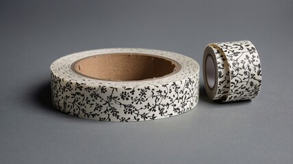 Decorative washi tape rolls in black floral design on a gray background.
