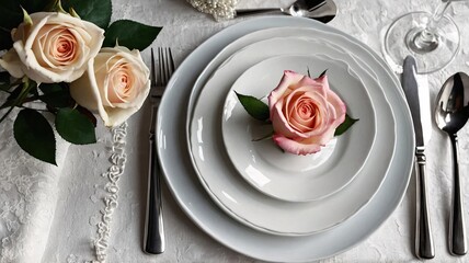 Elegant table setting featuring white plates and delicate roses, creating a romantic and inviting atmosphere.