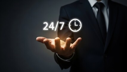 Premium Customer Support: Professional in suit holding glowing 24/7 clock icon for constant technical assistance and global service