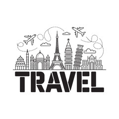 Fototapeta premium Travel World Landmarks Line Art Illustration with Airplanes