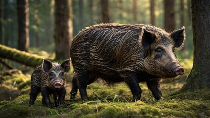 A mother and her piglet walk amidst lush greenery in a serene forest setting.