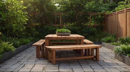 A serene outdoor dining area featuring a wooden table and benches surrounded by lush greenery in a private garden.