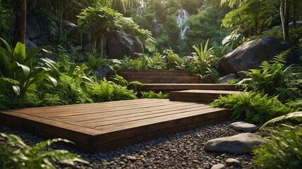 Serene wooden walkway surrounded by lush greenery in a tranquil tropical setting.