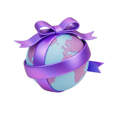 Stylized earth globe wrapped in a purple ribbon and bow