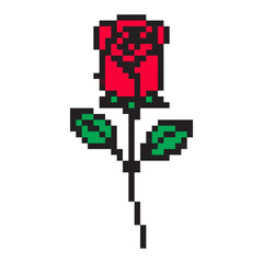 Pixel art icon of Valentine rose. Cute retro 8-bit romantic flower symbol for love, dating, wedding, games, apps, stickers, and romantic holiday design projects