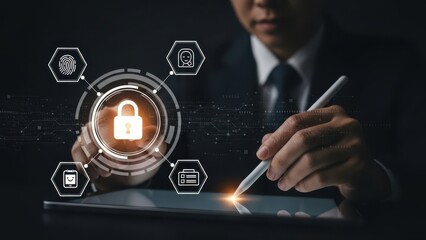 Secure Digital Signature: Executive using a stylus on a tablet with a glowing lock icon for encrypted biometric data protection