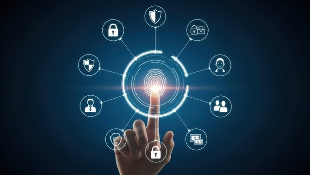 Biometric Identity Verification: Finger touching glowing fingerprint scanner with connected security and profile icons for personal data safety - Powered by Adobe
