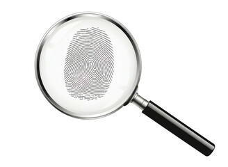 Magnifying glass showing a fingerprint isolated on transparent background for investigation