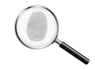 Magnifying glass showing a fingerprint isolated on transparent background for investigation
