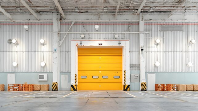 Large yellow door is open in a large empty warehouse. The door is yellow and has a black and yellow stripe. The warehouse is empty and has no people or objects inside