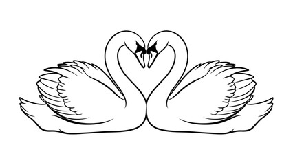 A white tulip flower vector illustration featuring two elegant swans forming a heart symbol with their wings to represent love and nature in a black silhouette art design for a wedding © mangun
