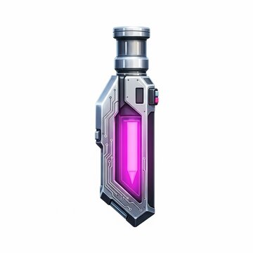 Futuristic Glowing Purple Potion Vial - Sci-Fi Energy Flask perfect for game asset, UI icon, website banner, sci-fi concept art, fantasy illustration, digital
