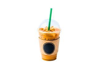 A delicious cold coffee drink with a green straw in a plastic cup isolated on transparent background