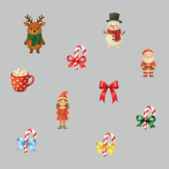 christmas watercolor clipart set with santa claus snowman reindeer elf candy cane bow and winter elements isolated on transparent background