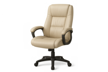 Beige leather office chair with high backrest, ergonomic design, and rolling wheels on transparent background