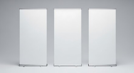 Three blank white rollup banners standing in a row, ready for custom advertising, promotion, or event display on a clean studio background