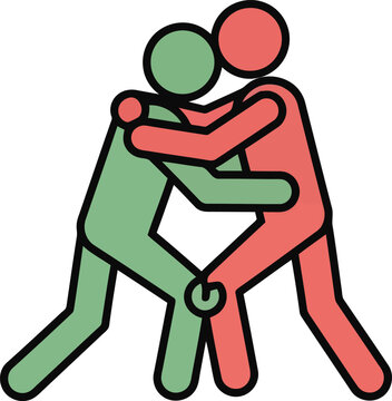 Two stylized figures in red and green wrestling sport