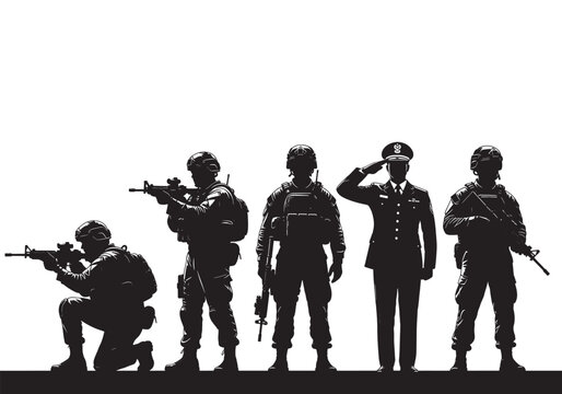 Vector illustration of a standing group and family including silhouettes of military soldiers, a businessman, and a child walking as black body outlinesVector illustration of a standing group and fami