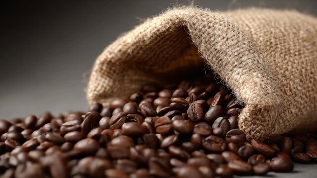 Coffee beans spill from a burlap sack on a dark surface, showcasing the rich texture and color of the beans in a food setting