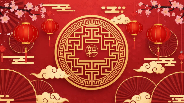 Vibrant Chinese New Year celebration background with traditional red lanterns, golden auspicious symbols, and elegant cherry blossom decorations, embodying festive cultural spirit