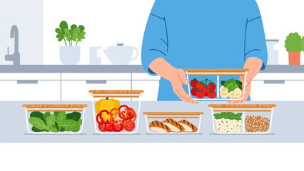 Organized kitchen with fresh vegetables and meal prep containers on a modern counter