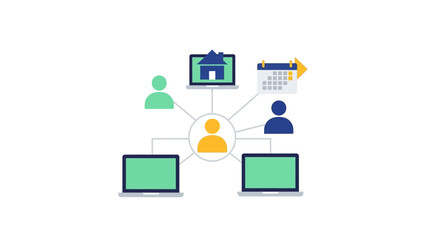Remote work collaboration network with laptops, calendar, and people icons