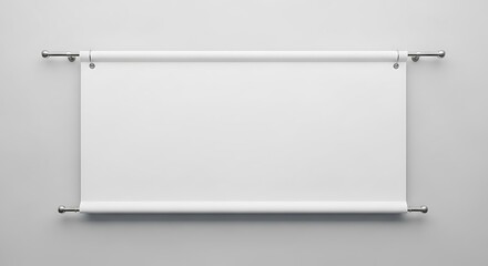 Blank white banner scroll mockup template hanging on a light grey wall, perfect for custom text or graphics