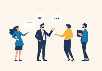 Fototapeta premium Business people discussing ideas and engaging in conversation with speech bubbles in modern flat minimalist style
