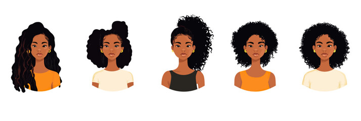 Set of five African American women avatars with diverse natural hairstyles including curls, waves, afro and buns, flat minimalist vector portraits on white background