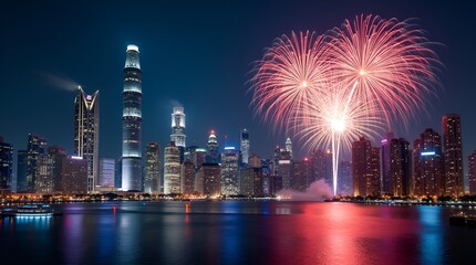 Fototapeta premium Nighttime cityscape covered in brilliant fireworks, vibrant LED-lit buildings, bold New Year lettering floating above the skyline, mirror-like water reflections, dramatic lighting, ultra HD